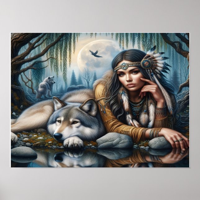 Mystical A Native American Woman With Wolves 16x12 Poster (Front)