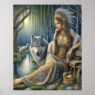 Mystical A Native American Woman With Wolves 16x20 Poster
