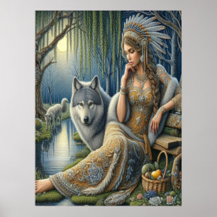 Mystical A Native American Woman With Wolves 18x24 Poster