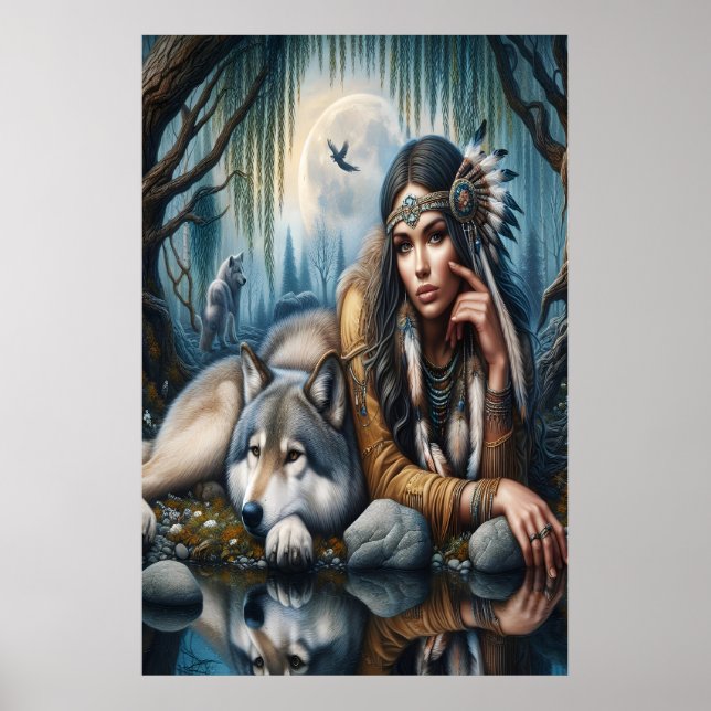 Mystical A Native American Woman With Wolves 24x36 Poster (Front)