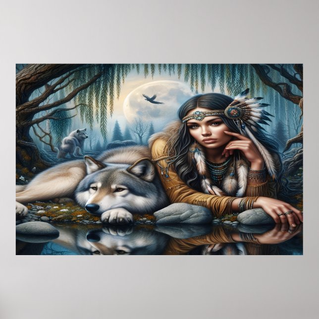 Mystical A Native American Woman With Wolves 36x24 Poster (Front)