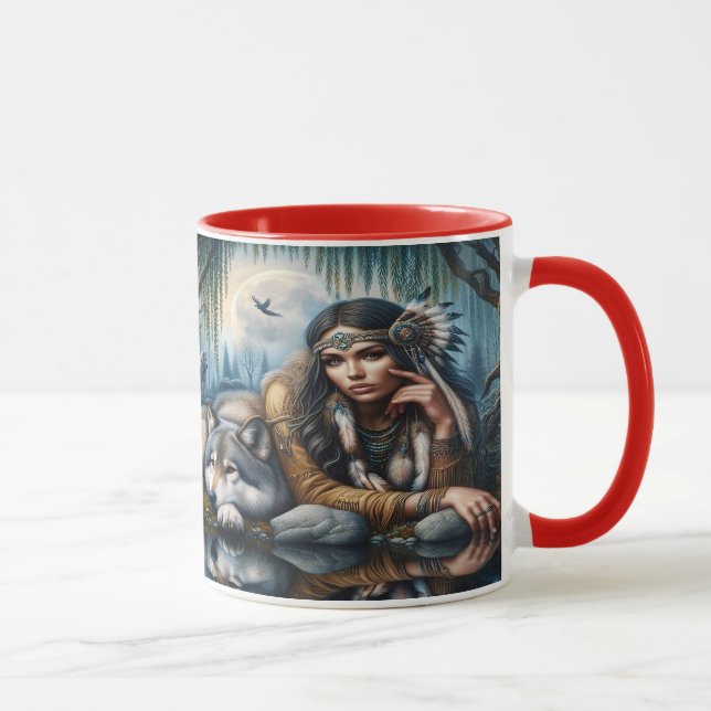 Mystical A Native American Woman With Wolves 5x7 Mug (Right)