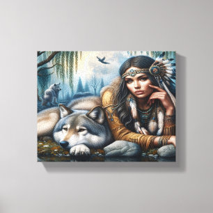 Mystical A Native American Woman With Wolves  8x10 Canvas Print