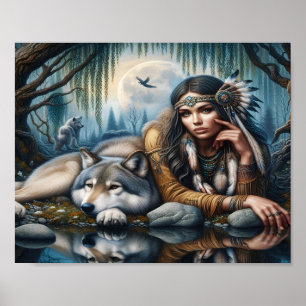 Mystical A Native American Woman With Wolves 8x10 Poster