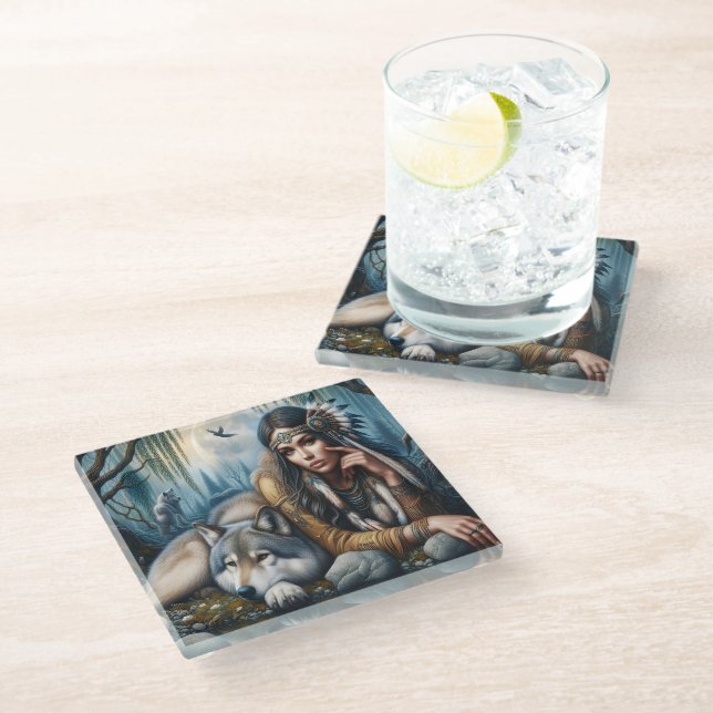 Mystical A Native American Woman With Wolves  Glass Coaster (Angled)
