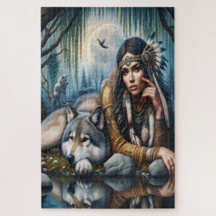 Mystical A Native American Woman With Wolves Jigsaw Puzzle