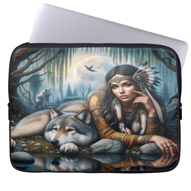 Mystical A Native American Woman With Wolves  Laptop Sleeve (Front)