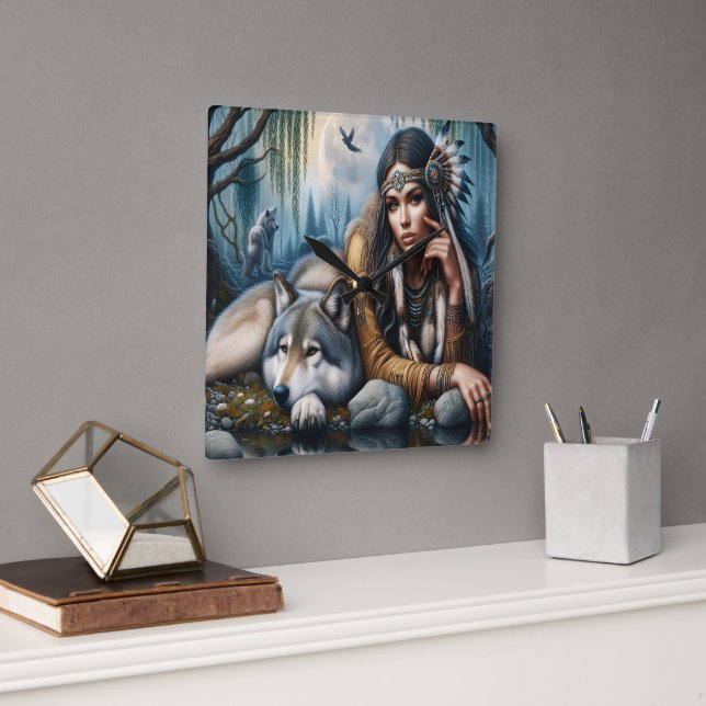 Mystical A Native American Woman With Wolves  Square Wall Clock (Office)