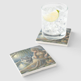 Mystical A Native American Woman With Wolves Stone Coaster