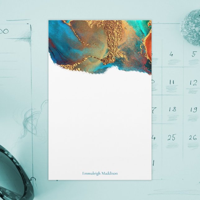 Mystical Abstract Teal Coral Gold Monogram Stationery (Creator Uploaded)
