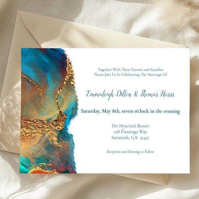Mystical Abstract Teal Coral Gold Wedding Invitation (Creator Uploaded)
