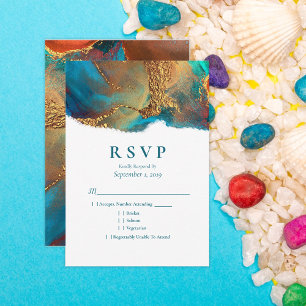 Mystical Abstract Teal Coral Gold Wedding RSVP Card