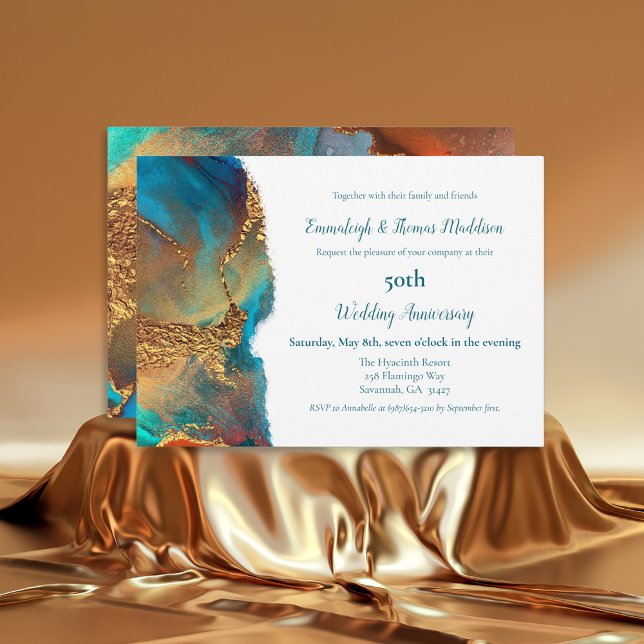 Mystical Abstract Teal Gold Wedding Anniversary Invitation (Creator Uploaded)
