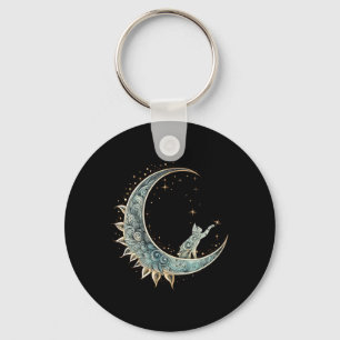 Mystical Aesthetic Cat Sitting On Crescent Moon Lu Key Ring
