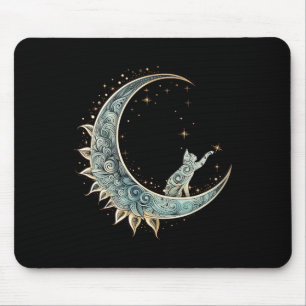 Mystical Aesthetic Cat Sitting On Crescent Moon Lu Mouse Pad