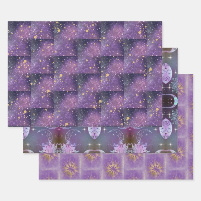 Mystical All Occasion Purple Gold Sparkles Stars Wrapping Paper Sheet (Set)