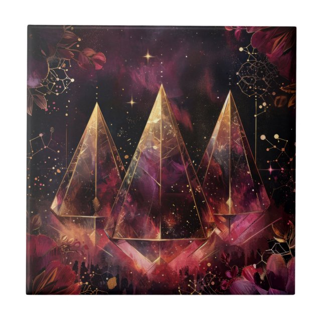 Mystical Amethyst Witchy Celestial Pattern Ceramic Tile (Front)