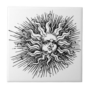 Mystical Antique Vintage Black White Sun Face Ceramic Tile