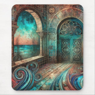 Mystical Archway with Ornate Doors and Ocean View Mouse Pad