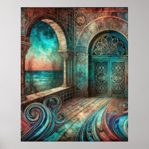 Mystical Archway with Ornate Doors and Ocean View Poster