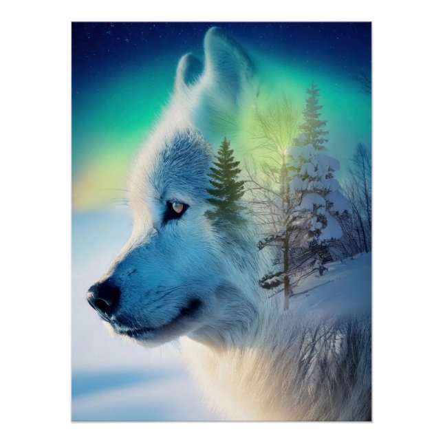 Mystical Arctic Wolf & Aurora Borealis Double Expo Poster (Front)