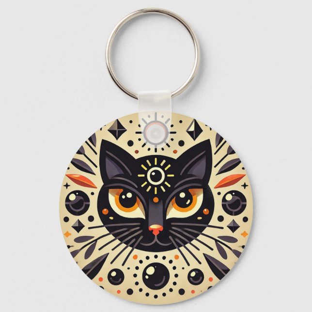 Mystical Artwork of a Black Cat  Key Ring (Front)