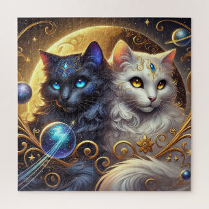 Mystical Artwork of Celestial Cats Amid Stars Jigsaw Puzzle