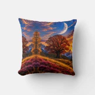Mystical Autumn Oak Tree Crescent Moon Cushion
