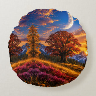 Mystical Autumn Oak Tree Crescent Moon Round Cushion