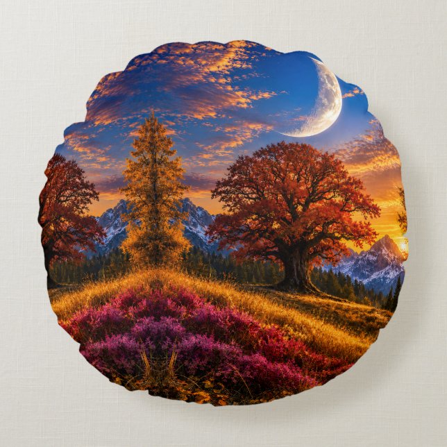 Mystical Autumn Oak Tree Crescent Moon  Round Cushion (Front)