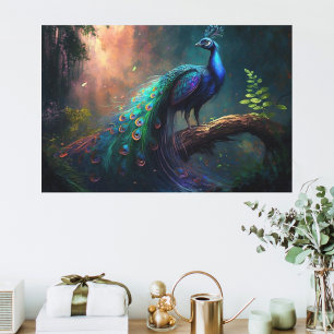 Mystical Beautiful Blue Colourful Peacock in Fores Canvas Print