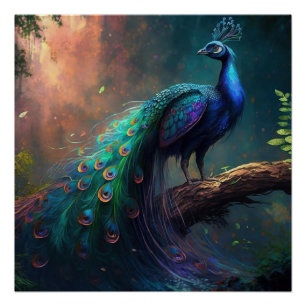 Mystical Beautiful Blue Colourful Peacock in Fores Poster
