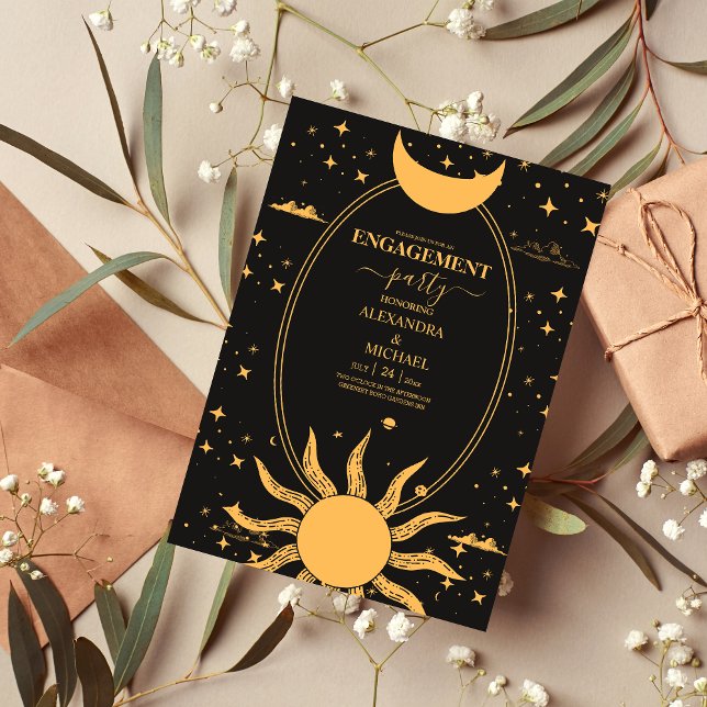  Mystical Black and Gold Sun Moon Engagement Invitation (Creator Uploaded)
