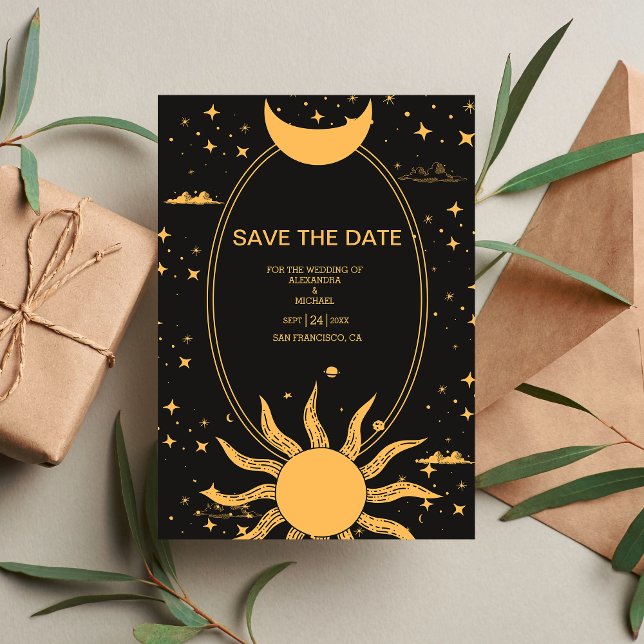  Mystical Black and Gold Sun Moon Wedding Save The Date (Creator Uploaded)