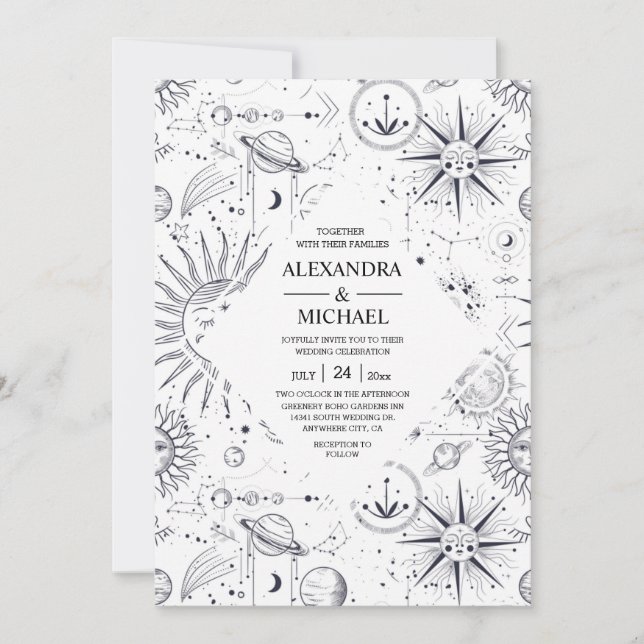 Mystical Black and white Celestial Stars Wedding   Invitation (Front)