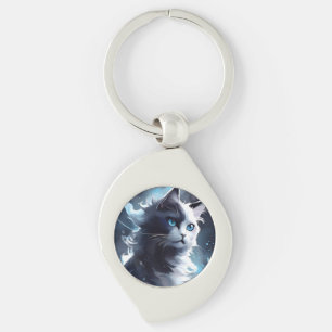 Mystical Black and White Kitten Watercolor Cat Key Ring