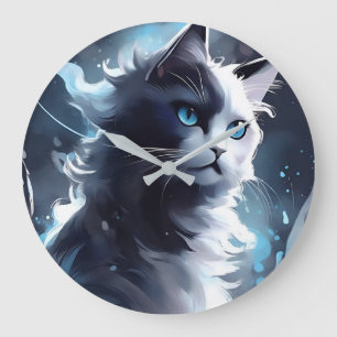 Mystical Black and White Kitten Watercolor Cat Large Clock