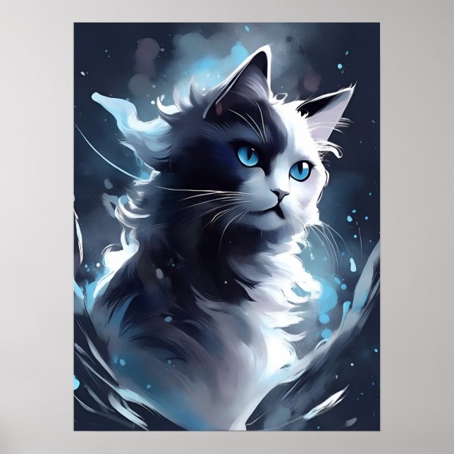 Mystical Black and White Kitten | Watercolor Cat Poster (Front)