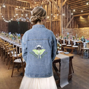 Mystical Black Boho Luna Moth Moon Phases Wedding Denim Jacket