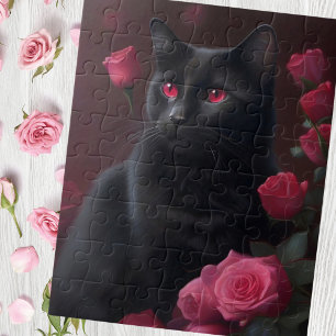 Mystical black cat and blossoming roses jigsaw puzzle