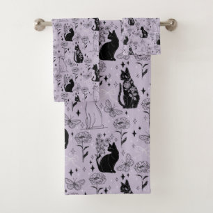 Mystical Black Cat and Butterfly Pattern   Witchy Bath Towel Set