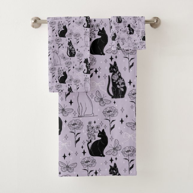 Mystical Black Cat and Butterfly Pattern | Witchy Bath Towel Set (Insitu)
