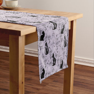 Mystical Black Cat and Butterfly Pattern Witchy Short Table Runner