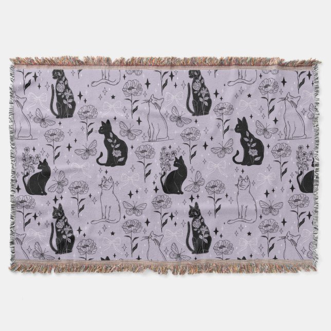 Mystical Black Cat and Butterfly Pattern | Witchy Throw Blanket (Front)