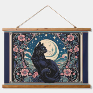 Mystical Black Cat Art Nouveau Hanging Tapestry