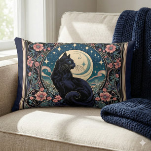 Mystical Black Cat Art Nouveau Lumbar Cushion