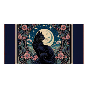 Mystical Black Cat Art Nouveau Metal Print