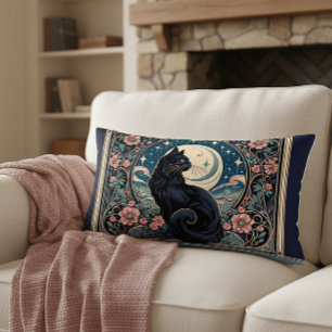 Mystical Black Cat Art Nouveau Metal Print Lumbar Cushion
