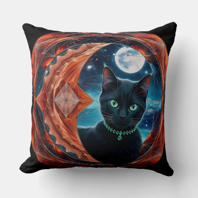 Mystical Black Cat Celestial Mandala Throw Pillow (Front)