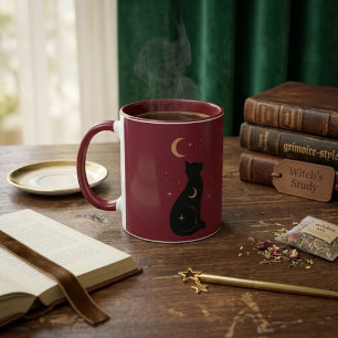 Mystical Black Cat & Celestial Moon Burgundy Mug
